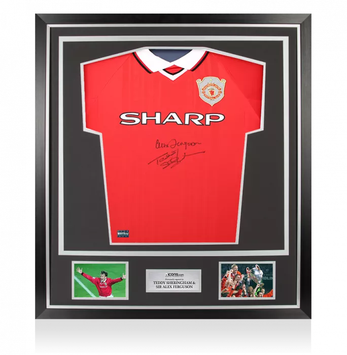 icons Teddy Sheringham & Sir Alex Ferguson Dual Signed Manchester United 1999 UEFA Champions League Home Shirt In Classic Frame