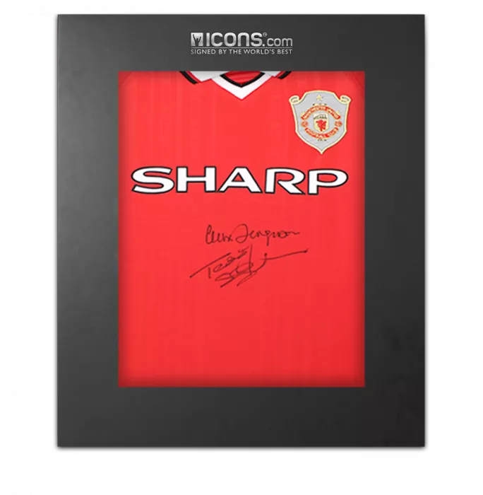 icons Teddy Sheringham & Sir Alex Ferguson Dual Signed Manchester United 1999 UEFA Champions League Home Shirt In Deluxe Packaging