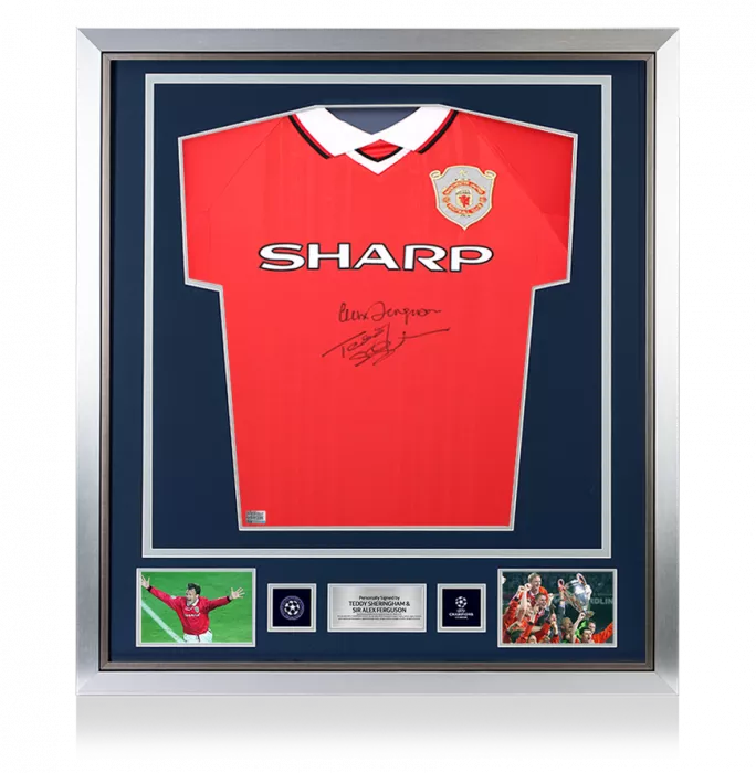 icons Teddy Sheringham & Sir Alex Ferguson Official UEFA Champions League Signed and Framed Manchester United 1999 Home Shirt