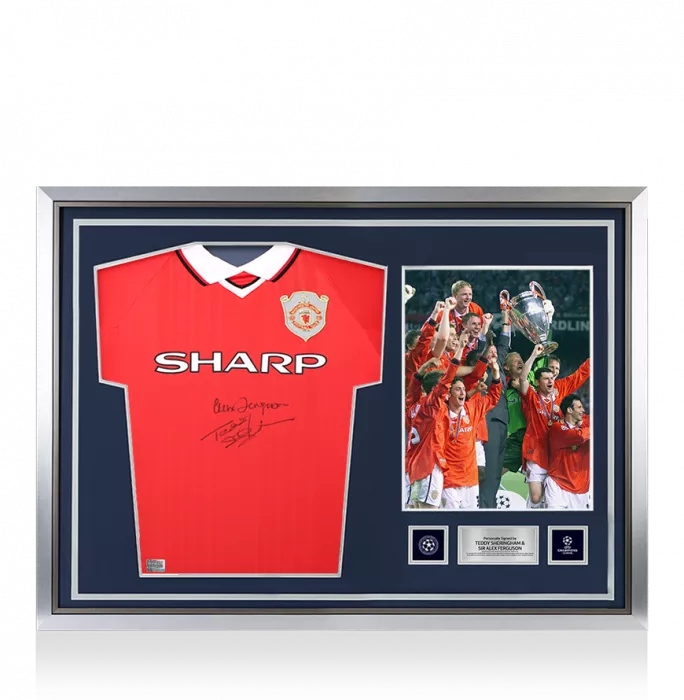 icons Teddy Sheringham & Sir Alex Ferguson Official UEFA Champions League Signed and Hero Framed Manchester United 1999 Home Shirt
