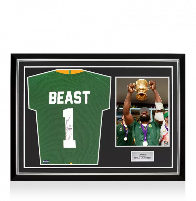 icons Tendai “Beast” Mtawarira Back Signed South Africa Springbok Shirt In Hero Frame: Option 1