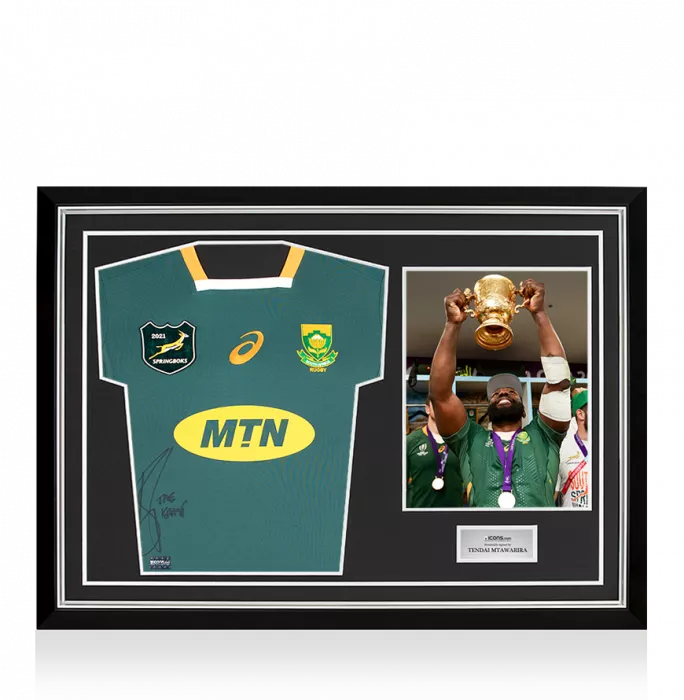 icons Tendai “Beast” Mtawarira Front Signed South Africa Springbok 2020 Shirt In Hero Frame: Option 1