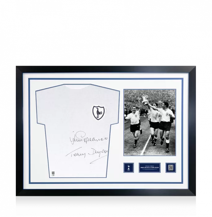 Icons Terry Dyson & Jimmy Greaves Official Tottenham Hotspur Front Signed And Framed Retro Home Shirt