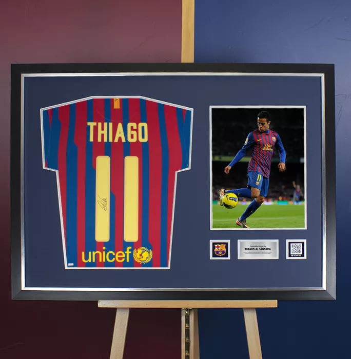 Icons Thiago Alcantara Official FC Barcelona Back Signed And Framed 2011-12 Home Shirt With Fan Style Numbers