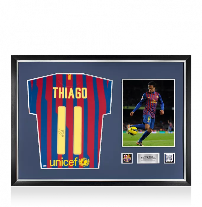 icons Thiago Alcantara Official FC Barcelona Back Signed and Framed 2011-12 Home Shirt With Fan Style Numbers