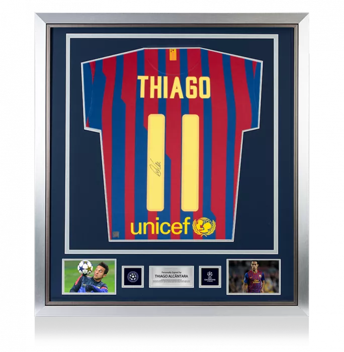 icons Thiago Alcantara Official UEFA Champions League Back Signed and Framed FC Barcelona 2011-12 Home Shirt With Fan Style Numbers