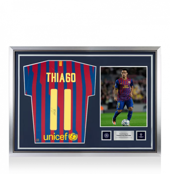 icons Thiago Alcantara Official UEFA Champions League Back Signed and Hero Framed FC Barcelona 2011-12 Home Shirt With Fan Style Numbers