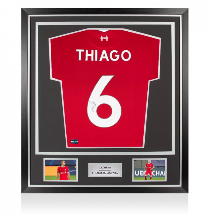 icons Thiago Alcantara Signed Liverpool 2020-21 Home Shirt with Fan Style Numbers In Classic Frame