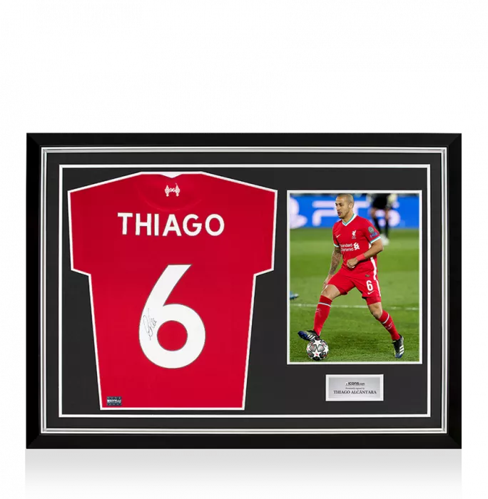 icons Thiago Alcantara Signed Liverpool 2020-21 Home Shirt with Fan Style Numbers In Hero Frame: Option 1