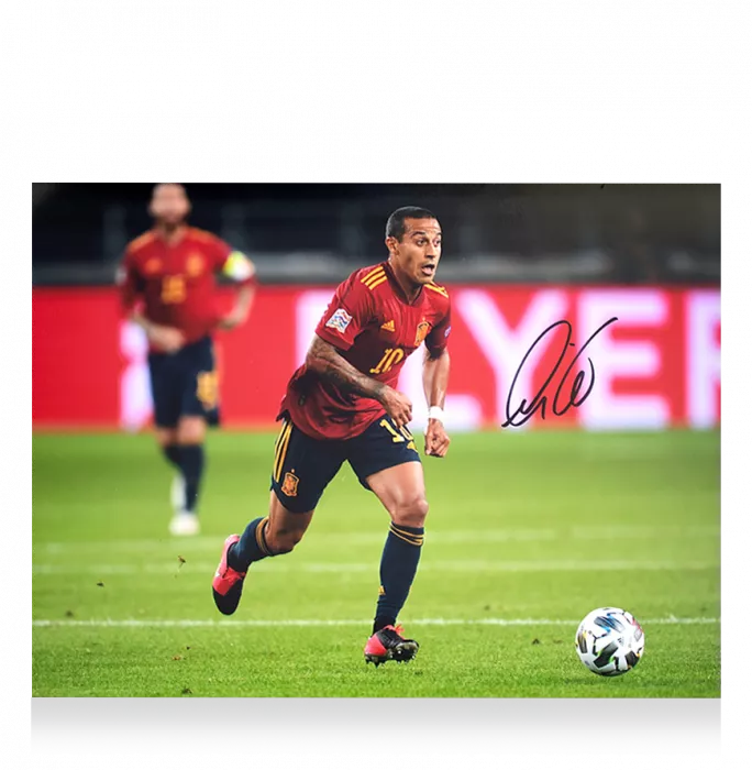 Icons Thiago Alcantara Signed Spain Photo In Black Wooden Frame: In Action