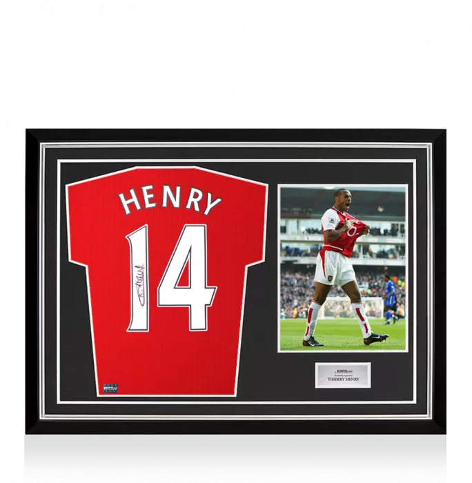 icons Thierry Henry Back Signed Arsenal Retro Home Shirt with Fan Style Numbers In Hero Frame: Option 1