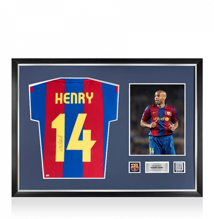 icons Thierry Henry Official FC Barcelona Back Signed and Framed Retro Home Shirt With Fan Style Numbers