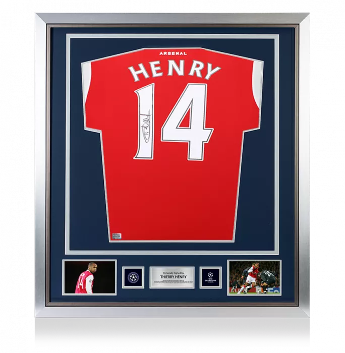 icons Thierry Henry Official UEFA Champions League Back Signed and Framed Arsenal 2022-23 Home Shirt with Fan Style Numbers