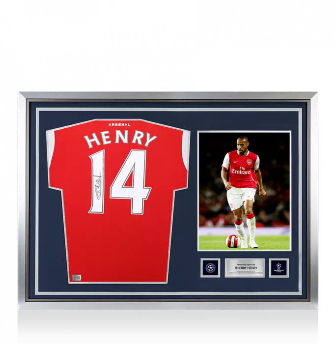 icons Thierry Henry Official UEFA Champions League Back Signed and Hero Framed Arsenal 2022-23 Home Shirt with Fan Style Numbers
