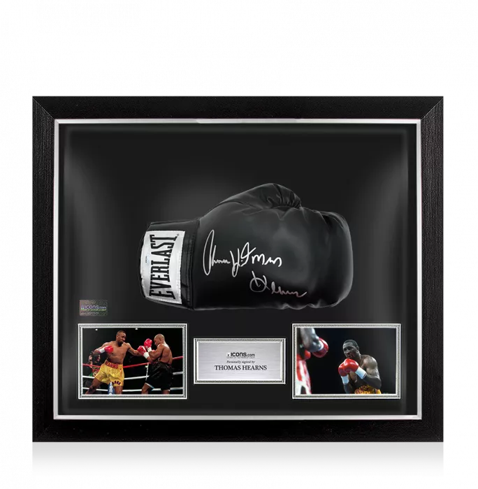icons Thomas Hearns Signed Everlast Black Boxing Glove In Bubble Frame: "Hitman" Inscription