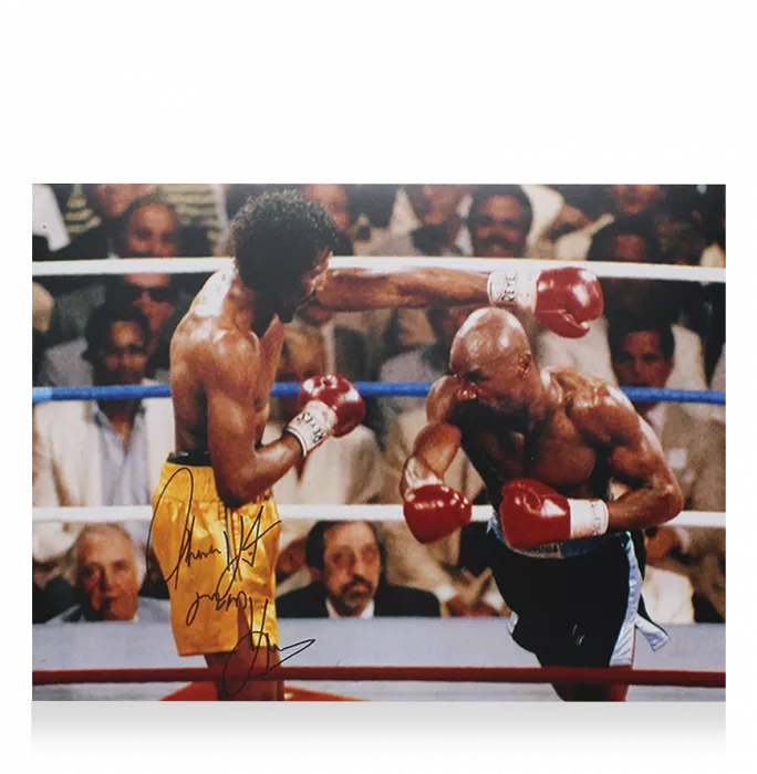 Icons Thomas 'Hitman' Hearns Signed Photo In Black Wooden Frame: Vs Marvin Hagler