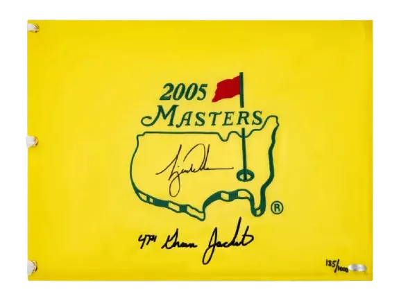 icons Tiger Woods Signed 2005 Masters Pin Flag: "4th Green Jacket" Inscription