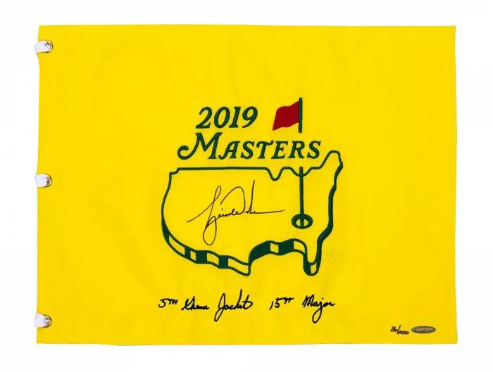 icons Tiger Woods Signed 2019 Masters Pin Flag - 5th Green Jacket & 15th Major Embroidered