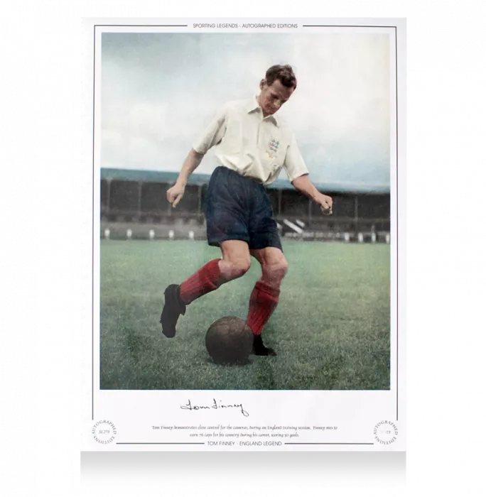 Icons Tom Finney Signed England Photo In Black Wooden Frame