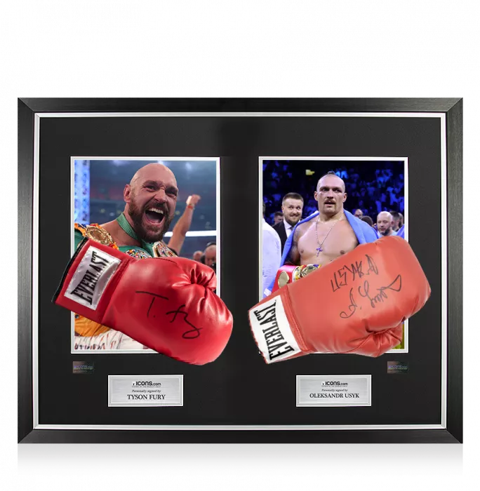 Icons Tyson Fury & Oleksandr Usyk Signed Everlast Red Full Size Boxing Gloves In Bubble Frame: Option 1