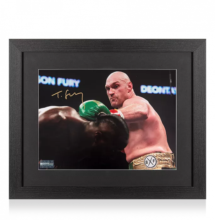icons Tyson Fury Signed Boxing Photo In Black Wooden Frame: Punching Deontay Wilder