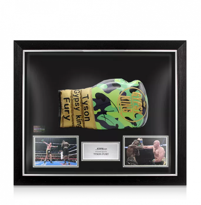 icons Tyson Fury Signed Gold and Camo Boxing Glove In Bubble Frame: Option 1