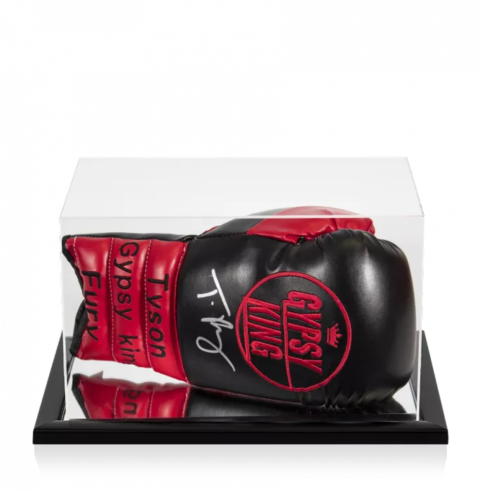 icons Tyson Fury Signed Red and Black Gypsy King Boxing Glove In Acrylic Case