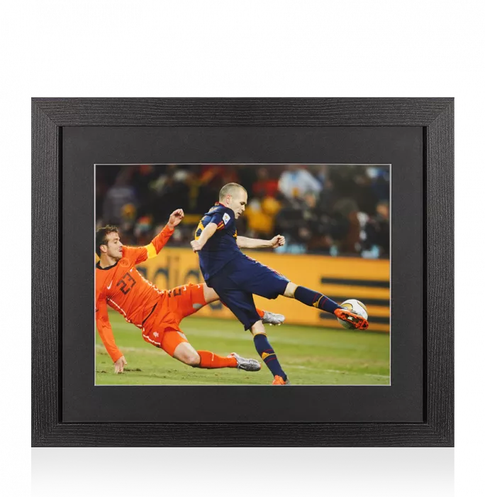 icons UNSIGNED Andres Iniesta Photo In Black Wooden Frame: Strike for Spain vs Netherlands