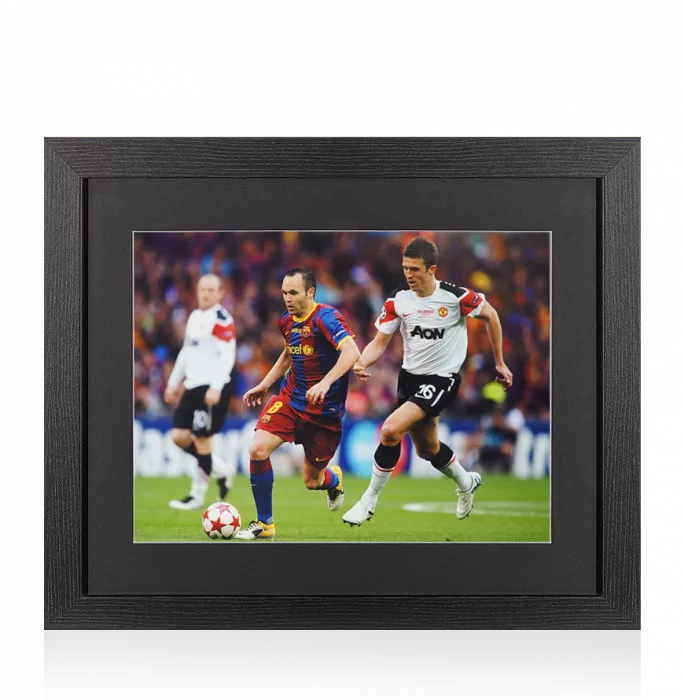 icons UNSIGNED Andres Iniesta Photo In Black Wooden Frame: FC Barcelona In Action vs Manchester United