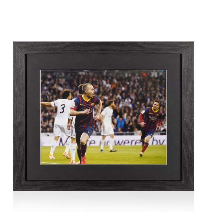 Icons UNSIGNED Andres Iniesta Photo In Black Wooden Frame: FC Barcelona Celebration Vs Real Madrid