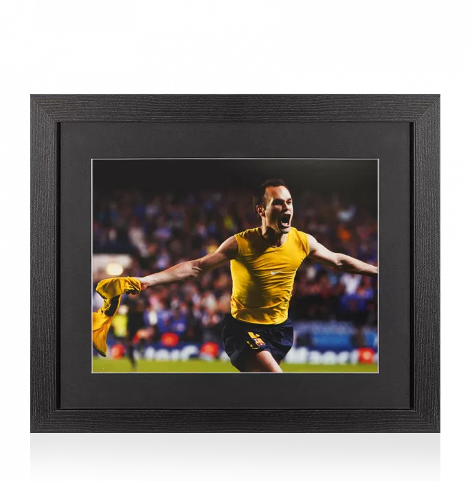 Icons UNSIGNED Andres Iniesta Photo In Black Wooden Frame: FC Barcelona Shirt Off Celebration