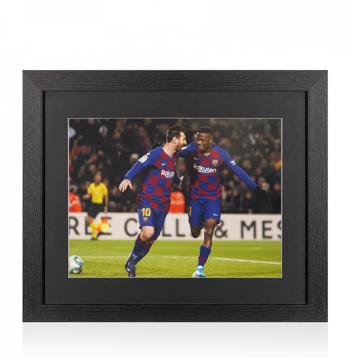 Icons UNSIGNED Ansu Fati Photo In Black Wooden Frame: FC Barcelona Celebration With Lionel Messi