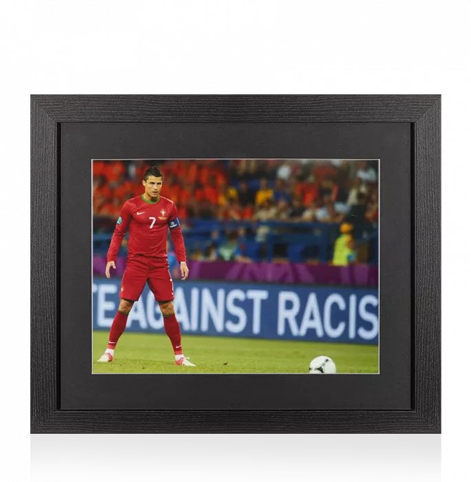 Icons UNSIGNED Cristiano Ronaldo Photo In Black Wooden Frame: Portugal Standing Over Free-Kick