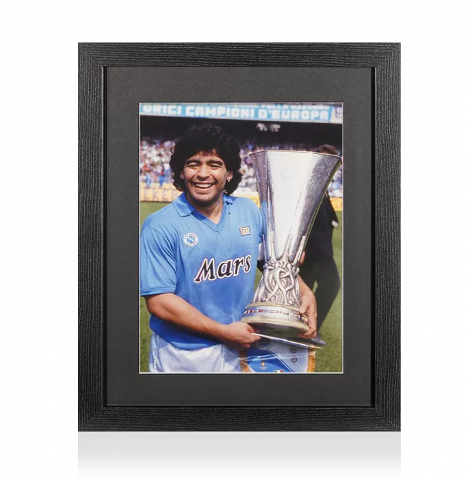 Icons UNSIGNED Diego Maradona Photo In Black Wooden Frame: SSC Napoli 1989 UEFA Cup Winner