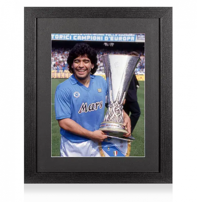 icons UNSIGNED Diego Maradona SSC Napoli Photo In Black Wooden Frame: 1989 UEFA Cup Winner