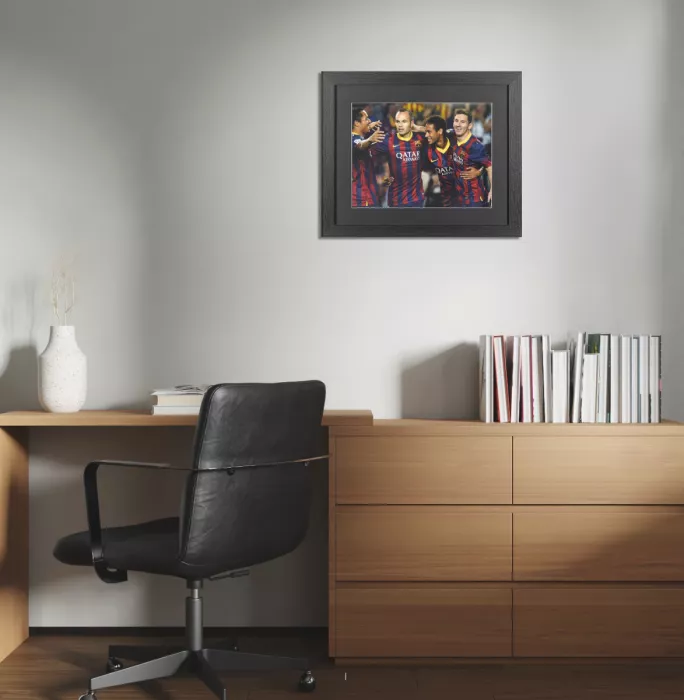 Icons UNSIGNED FC Barcelona Photo In Black Wooden Frame: Lionel Messi Neymar Jr Andres Iniesta & Adriano Celebration