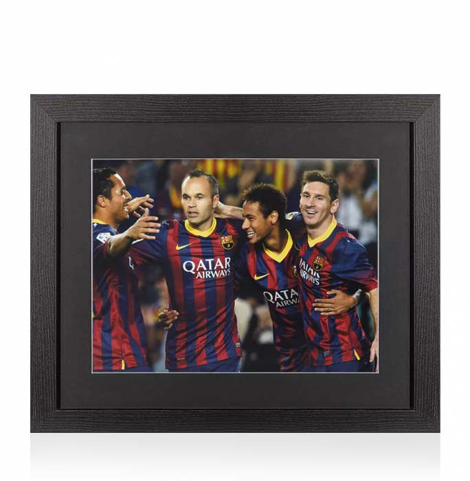 Icons UNSIGNED FC Barcelona Photo In Black Wooden Frame: Lionel Messi Neymar Jr Andres Iniesta & Adriano Celebration
