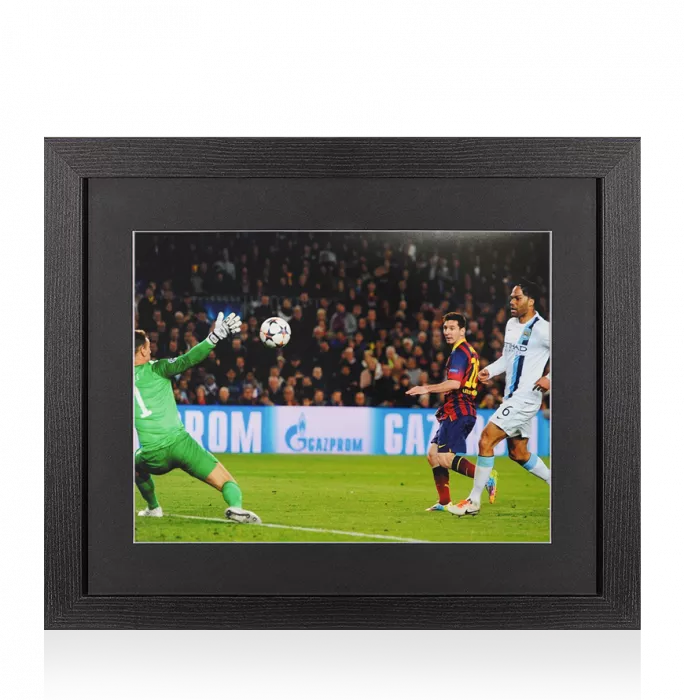 icons UNSIGNED Lionel Messi Photo In Black Wooden Frame: UEFA Champions League Goal v Manchester City
