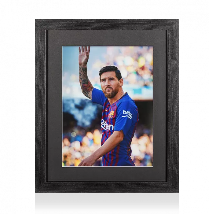 Icons UNSIGNED Lionel Messi Photo In Black Wooden Frame: FC Barcelona Wave
