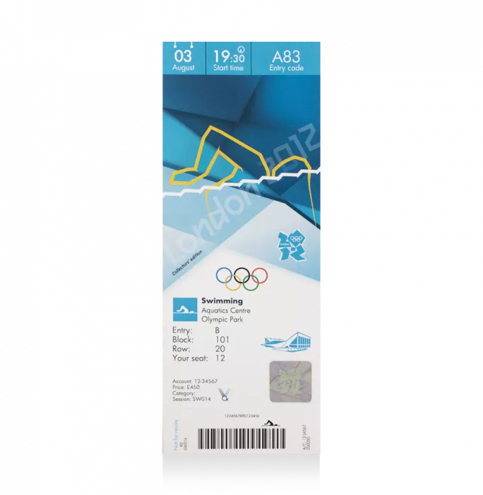 Icons UNSIGNED London 2012 Olympics Ticket: Swimming August 3rd (M 100m Butterfly – Phelps; W 800 Freestyle – Adlington Bronze)