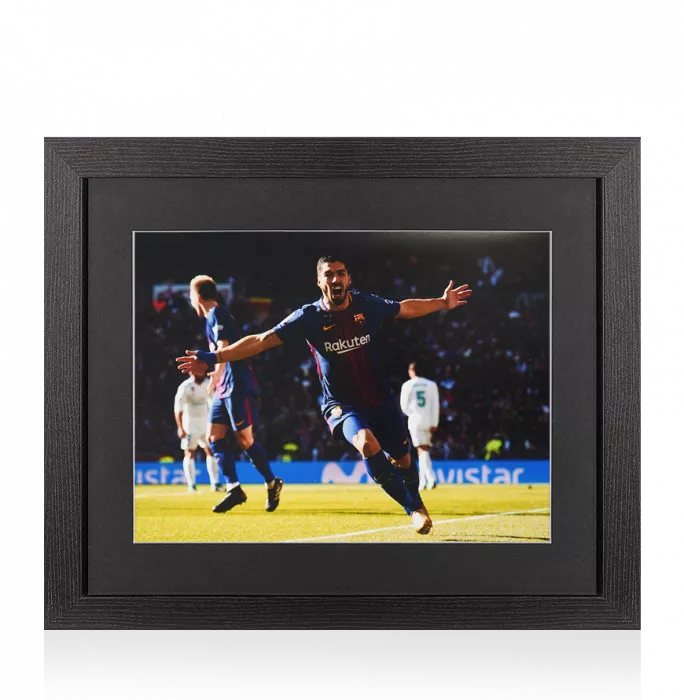 Icons UNSIGNED Luis Suarez Photo In Black Wooden Frame: FC Barcelona Arms Out Celebration Vs Real Madrid