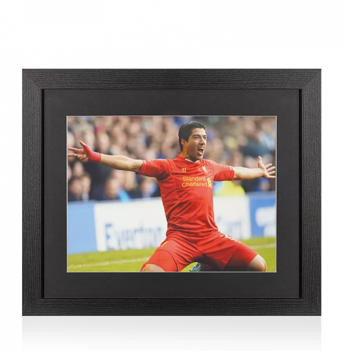 Icons UNSIGNED Luis Suarez Photo In Black Wooden Frame: Liverpool FC Knee Slide Celebration