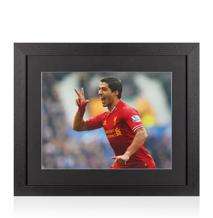 icons UNSIGNED Luis Suarez Photo In Black Wooden Frame: Liverpool FC Famous Celebration