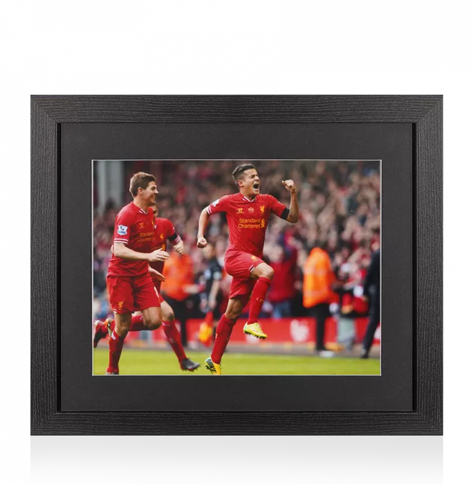 Icons UNSIGNED Philippe Coutinho Photo In Black Wooden Frame: Liverpool FC Punching The Air