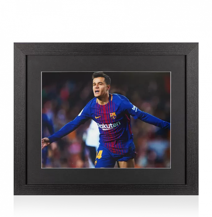Icons UNSIGNED Philippe Coutinho Photo In Black Wooden Frame: FC Barcelona Arms Out Celebration