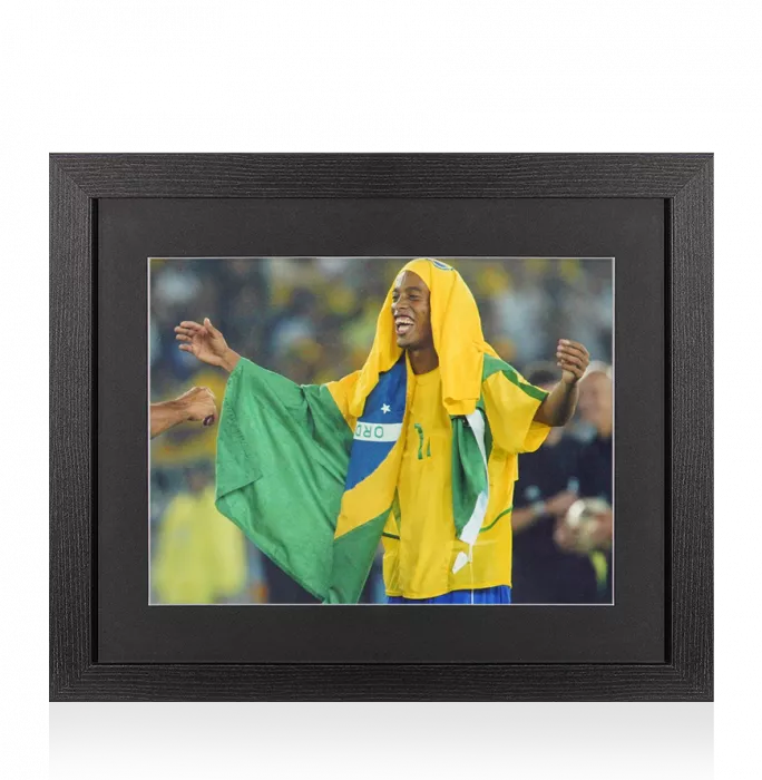 icons UNSIGNED Ronaldinho Photo In Black Wooden Frame: Draped in Brazil Flag Celebration