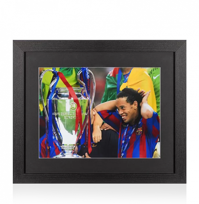 icons UNSIGNED Ronaldinho Photo In Black Wooden Frame: FC Barcelona UEFA Champions League Tropy 2006