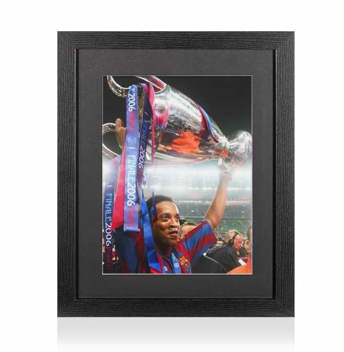 icons UNSIGNED Ronaldinho Photo In Black Wooden Frame: FC Barcelona UEFA Champions League Trophy Aloft