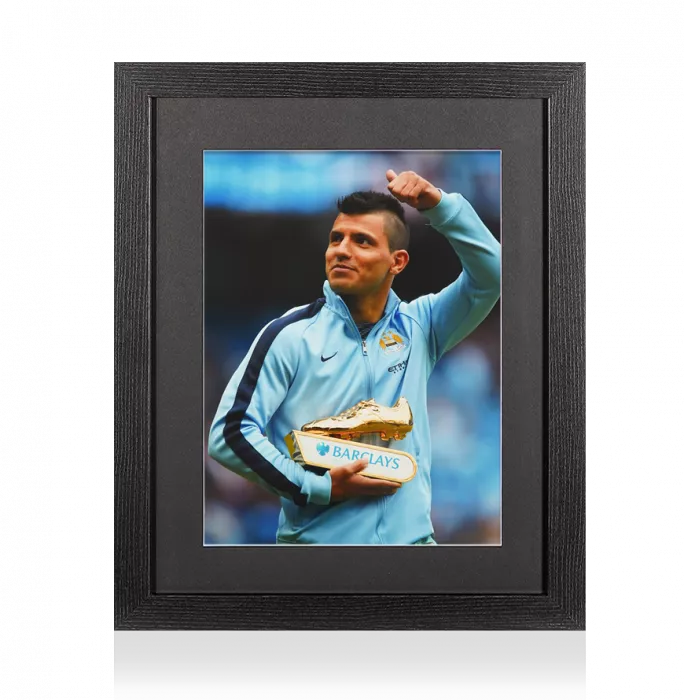 Icons UNSIGNED Sergio Aguero Photo In Black Wooden Frame: Premier League Golden Boot Winner