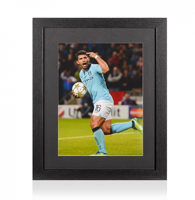 icons UNSIGNED Sergio Aguero Photo In Black Wooden Frame: Manchester City 2012-13 UCL Celebration